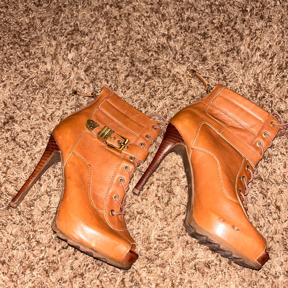Guess Brown Leather Stiletto Peep Toe Bootie with Zipper